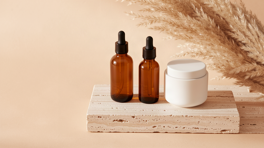 Kosmericks skincare essentials on travertine stone